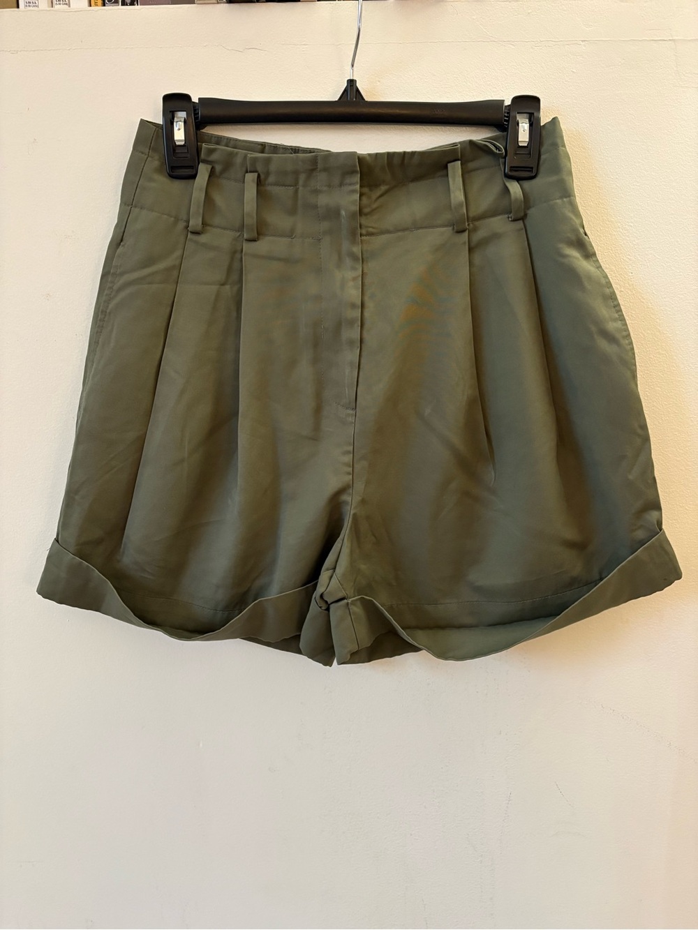 Elizabeth and James Olive Green High-Waist Pleated Shorts